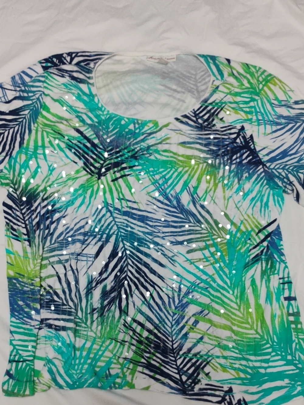 JM Collection Tropical Palm Sequin Short Sleeve Tee - Blue & Green
